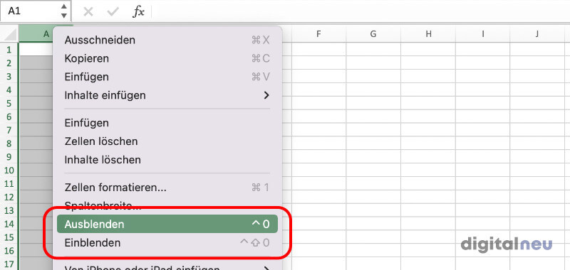 Spalten und Zeilen in Excel ausblenden
