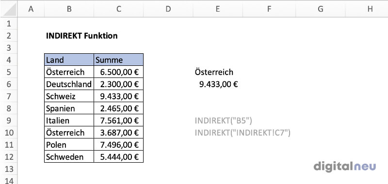Excel INDIREKT Funktion