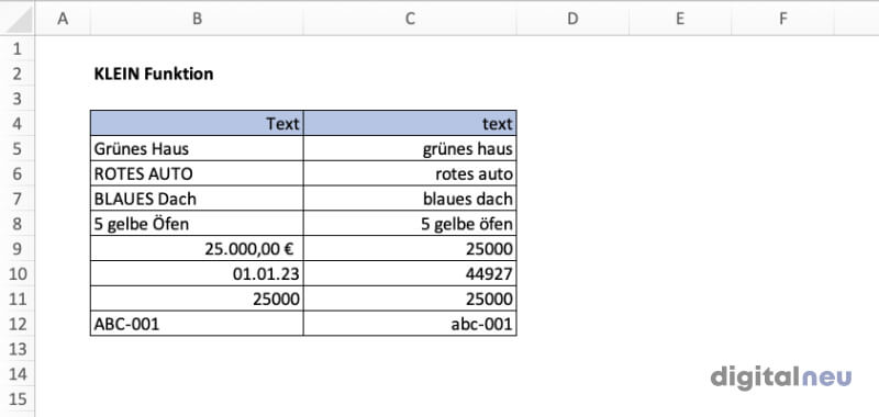 Excel KLEIN Funktion