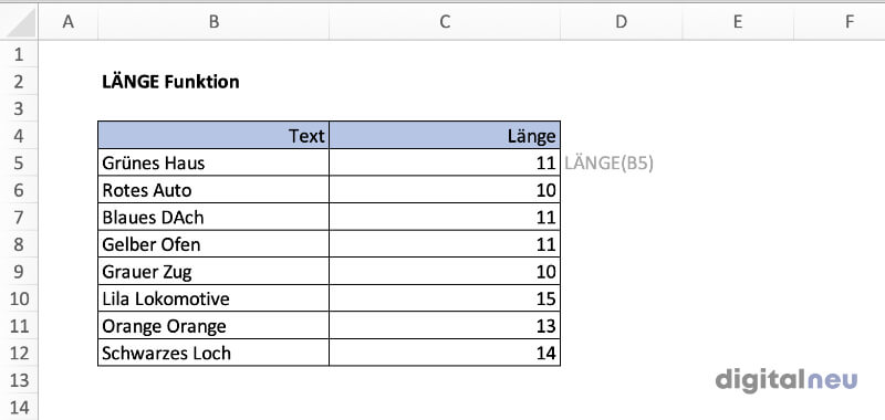 Excel LAENGE Funktion Excel LAENGE Funktion