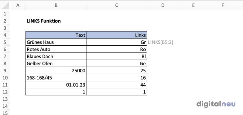 Excel LINKS Funktion