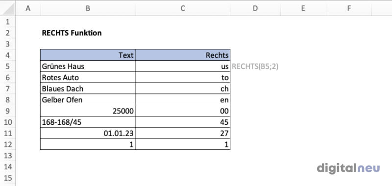 Excel RECHTS Funktion