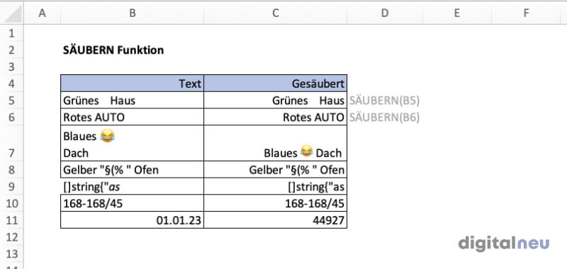 Excel SAEUBERN Funktion