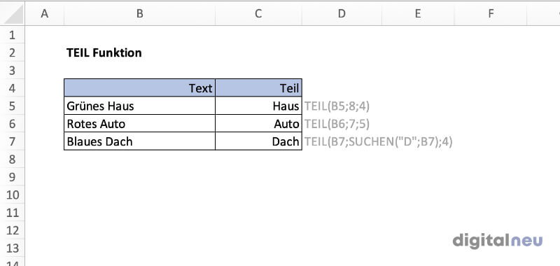 Excel TEIL Funktion