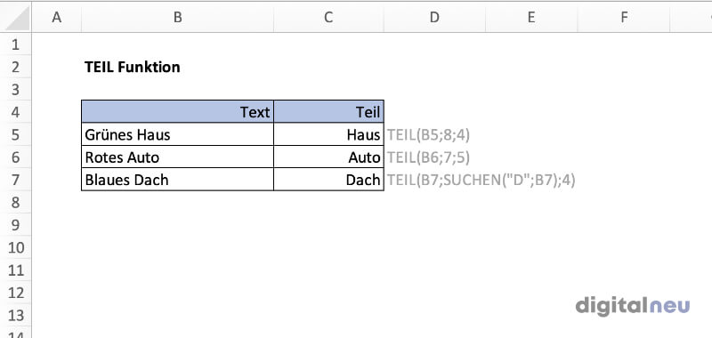 Excel TEIL Funktion Excel TEIL Funktion