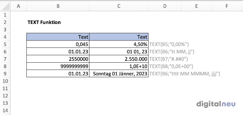 Excel TEXT Funktion