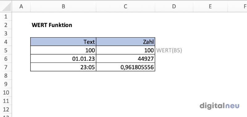 Excel WERT Funktion