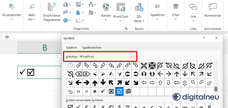 Excel Haken einfuegen