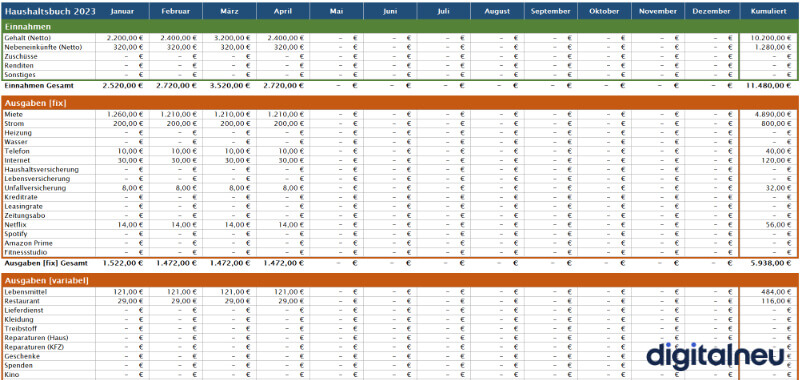 Excel Haushaltsbuch 2023