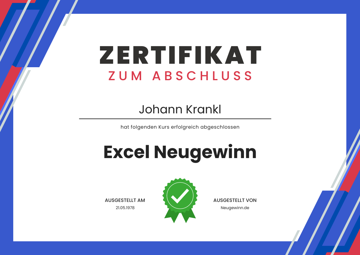Excel Neugewinn Zertifikat